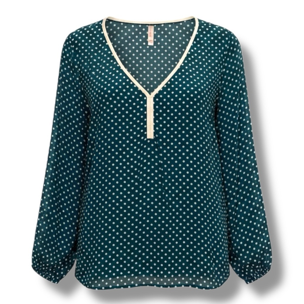 Y2K Boho Teal & Cream Polka Dot Peasant Style Blouse Deep V-Neck Festival XXL